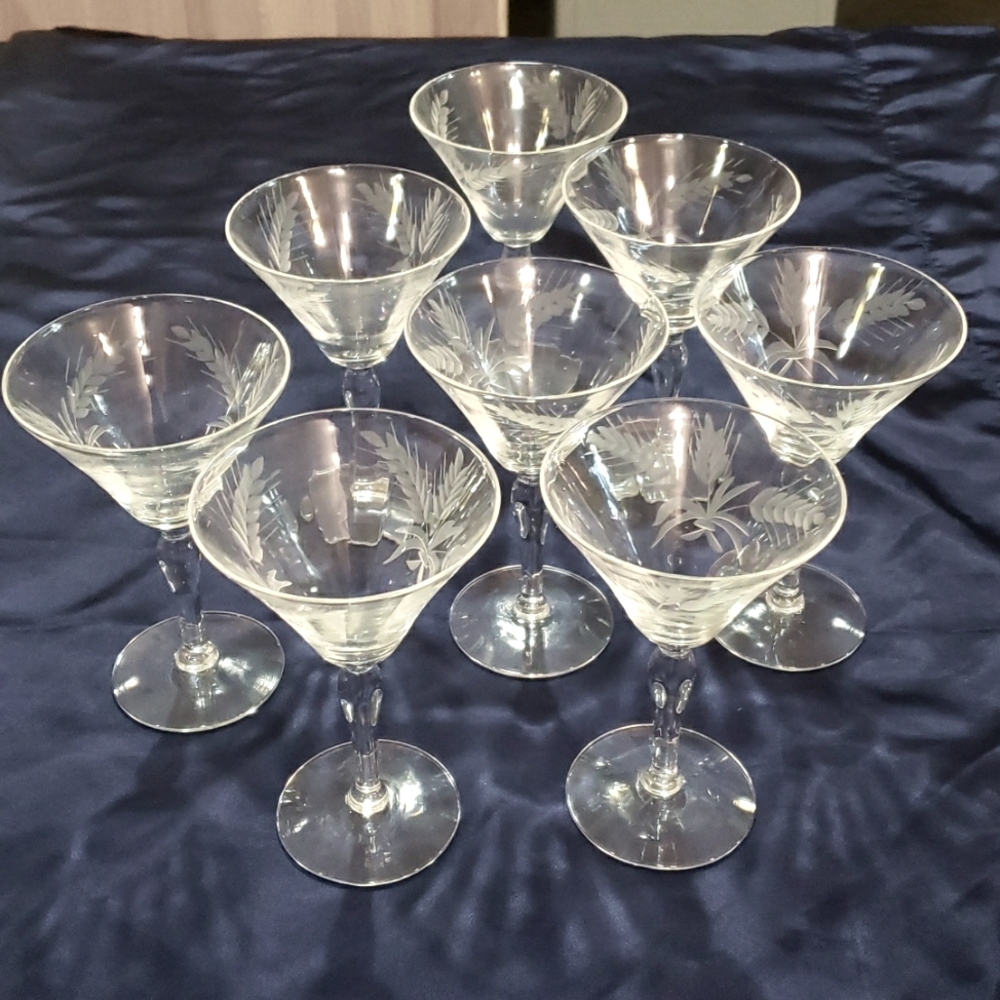 Vintage Wheat Etched Glass Martini Glasses (8) Small